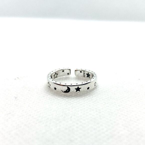 Open Moon, Emoji, Lightning, and Stars Silver Plated Band Ring - Picture 4 of 8